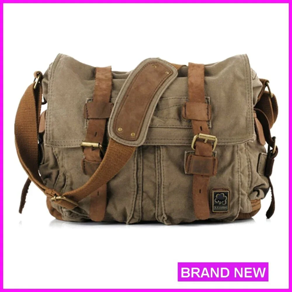Vintage Military Leather Canvas Messenger Bag Fits 17-Inch Laptop